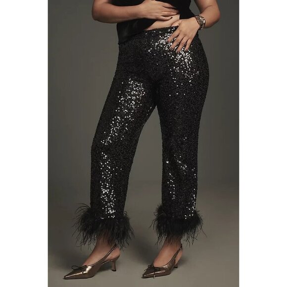 Hutch The Koto Feather Sequin Black Holiday Evening Pants 22W - Picture 1 of 4